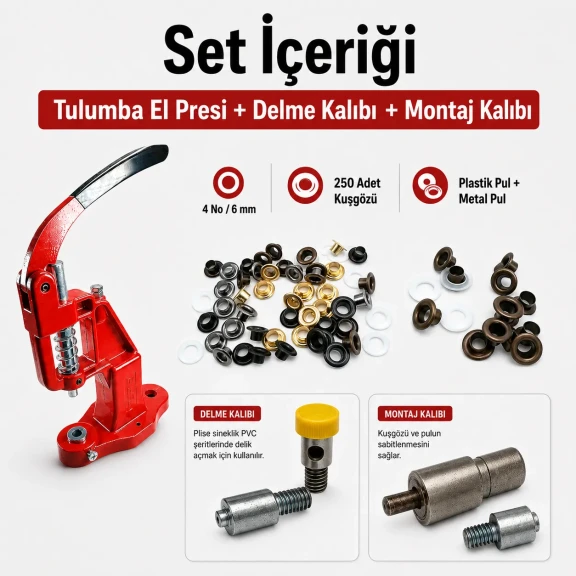 4 No Plise Sineklik Kuşgözü El Presli Makineli Başlangıç Seti, 6 mm çapında delik açma kalıbı ve tulumba el presi ile
