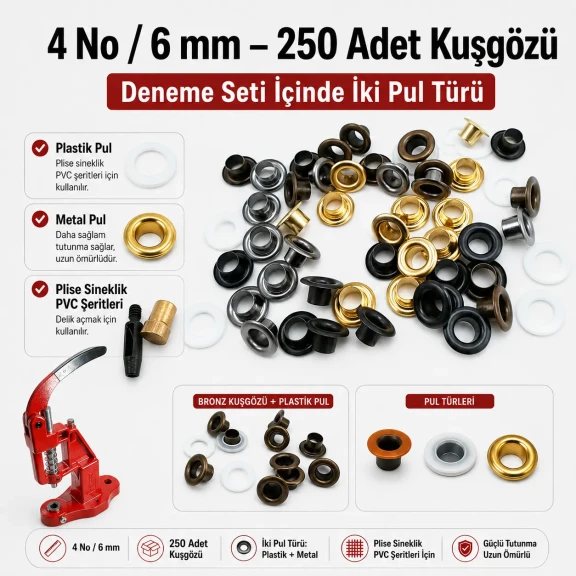 4 No Plise Sineklik Kuşgözü El Presli Makineli Başlangıç Seti, 6 mm çapında delik açma kalıbı ve tulumba el presi ile