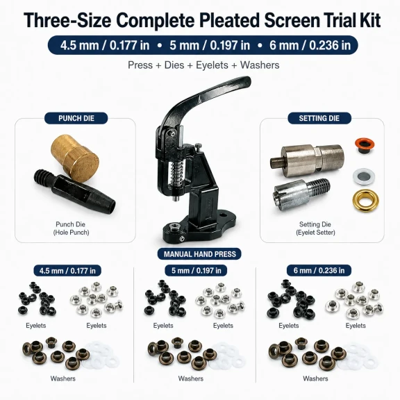 2 No / 4,5 mm, 3 No / 5 mm ve 4 No / 6 mm Plise Sineklik Kuşgözü El Presli 3 Ölçülü Komple Deneme Seti - E-Düğme Tekstil