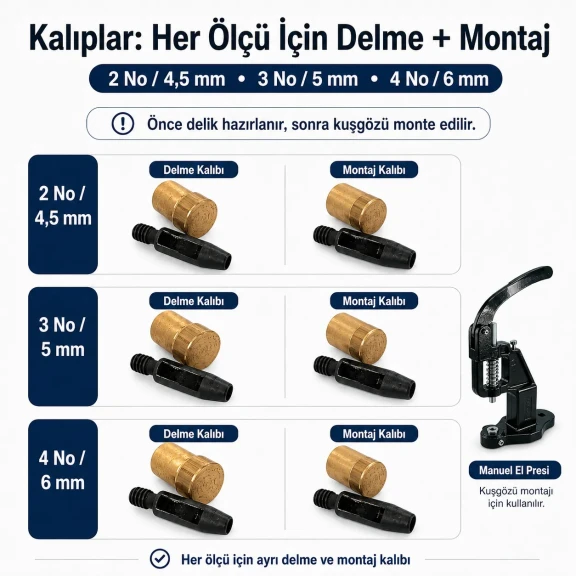 2 No / 4,5 mm, 3 No / 5 mm ve 4 No / 6 mm Plise Sineklik Kuşgözü El Presli 3 Ölçülü Komple Deneme Seti - E-Düğme Tekstil