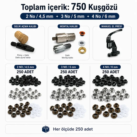 2 No / 4,5 mm, 3 No / 5 mm ve 4 No / 6 mm Plise Sineklik Kuşgözü El Presli 3 Ölçülü Komple Deneme Seti - E-Düğme Tekstil