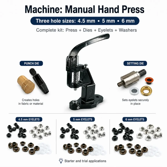 2 No / 4,5 mm, 3 No / 5 mm ve 4 No / 6 mm Plise Sineklik Kuşgözü El Presli 3 Ölçülü Komple Deneme Seti - E-Düğme Tekstil