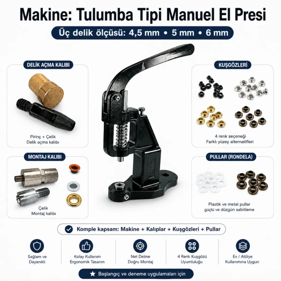 2 No / 4,5 mm, 3 No / 5 mm ve 4 No / 6 mm Plise Sineklik Kuşgözü El Presli 3 Ölçülü Komple Deneme Seti - E-Düğme Tekstil
