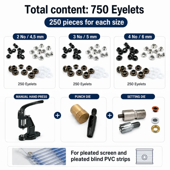 2 No / 4,5 mm, 3 No / 5 mm ve 4 No / 6 mm Plise Sineklik Kuşgözü El Presli 3 Ölçülü Komple Deneme Seti - E-Düğme Tekstil