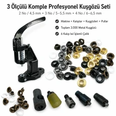 Professional Three-Size Pleated Screen Eyelet Set with 3,000 Eyelets, Hardened Dies and Manual Hand Press for 4–4.5 mm / 0.157–0.177 in, 5–5.5 mm / 0.197–0.217 in and 6–6.5 mm / 0.236–0.256 in Eyelets Set002SinDnPrf