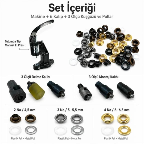2 No, 3 No ve 4 No Plise Sineklik Kuşgözü El Presli Komple Set - 4,5 mm, 5 mm, 6 mm ölçülerinde PVC şeritler için uygun