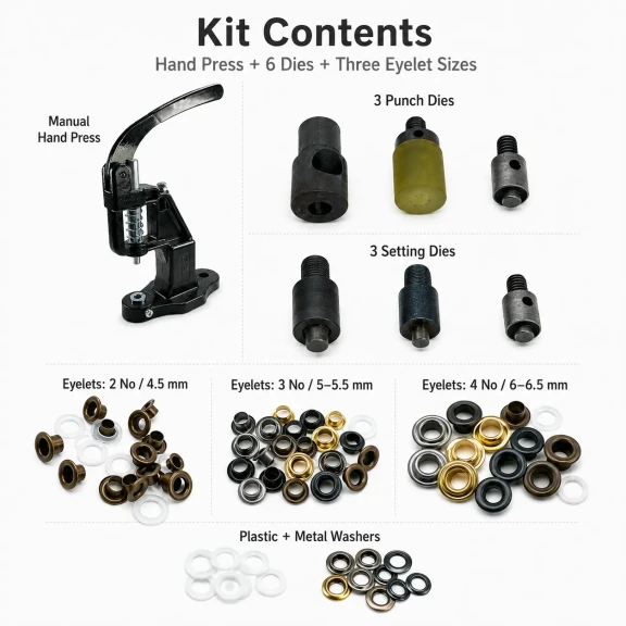 2 No, 3 No ve 4 No Plise Sineklik Kuşgözü El Presli Komple Set - 4,5 mm, 5 mm, 6 mm ölçülerinde PVC şeritler için uygun