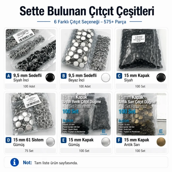 Tailor Supply, Repair and Sample Set – Snap Fasteners, Eyelets, Rivets and Jeans Buttons – Press and Dies Not Included TERZI-SARF-NUMUNE-SET01