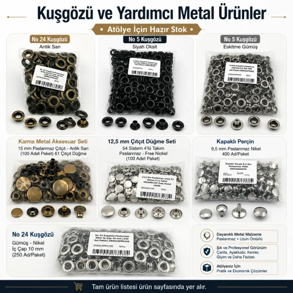 Tailor Supply, Repair and Sample Set – Snap Fasteners, Eyelets, Rivets and Jeans Buttons – Press and Dies Not Included TERZI-SARF-NUMUNE-SET01