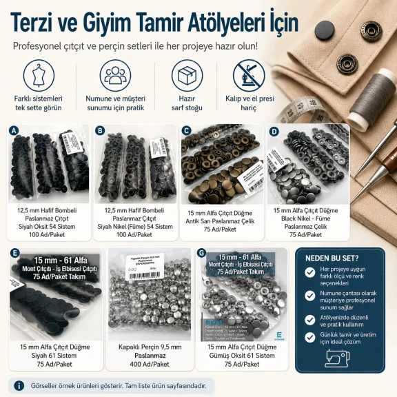Tailor Supply, Repair and Sample Set – Snap Fasteners, Eyelets, Rivets and Jeans Buttons – Press and Dies Not Included TERZI-SARF-NUMUNE-SET01