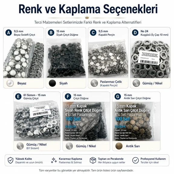 Tailor Supply, Repair and Sample Set – Snap Fasteners, Eyelets, Rivets and Jeans Buttons – Press and Dies Not Included TERZI-SARF-NUMUNE-SET01