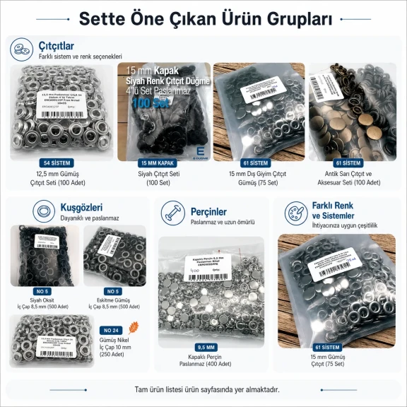 Tailor Supply, Repair and Sample Set – Snap Fasteners, Eyelets, Rivets and Jeans Buttons – Press and Dies Not Included TERZI-SARF-NUMUNE-SET01