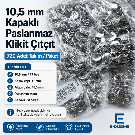 9,5 mm Bebe Çıtçıtı 720 Adet/Paket Delikli Klikıt Çıtçıt Paslanmaz C0013 - Yüksek kaliteli paslanmaz çelikten üretilmiş