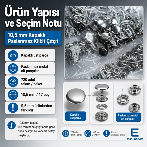 10,5 mm Paslanmaz Kapaklı Klikıt Çıtçıt, dayanıklı ve estetik tasarımıyla giyim ve deri ürünlerinde güvenilir bağlantı
