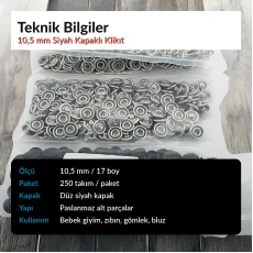 10,5 mm Paslanmaz Siyah Kapaklı Klikıt Çıtçıt 250 Takım/Paket C0011KPBLACK