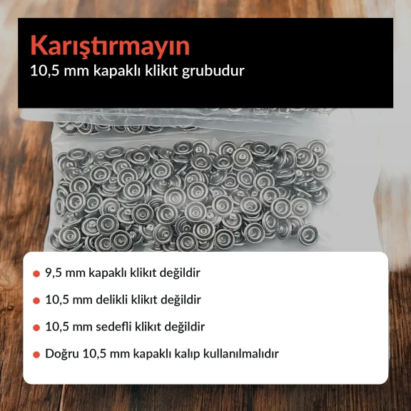10,5 mm Paslanmaz Siyah Kapaklı Klikıt Çıtçıt, modern ve asil tasarımıyla koyu renkli kumaşlarda görünmez uyum sağlarken
