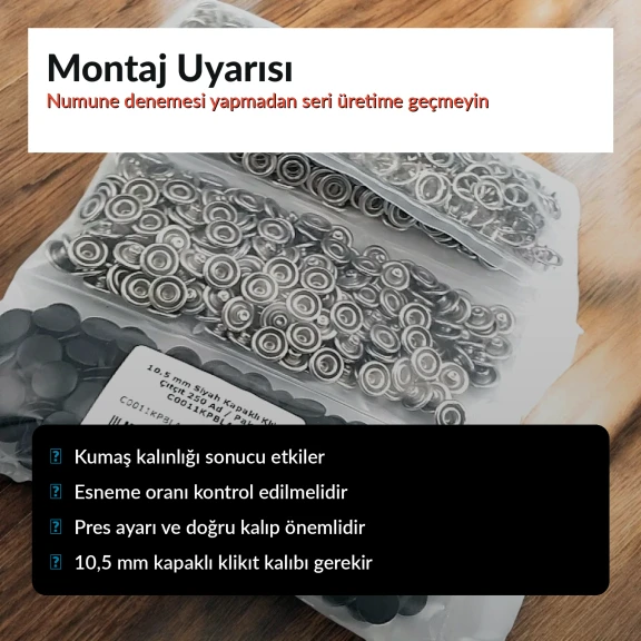 10,5 mm Paslanmaz Siyah Kapaklı Klikıt Çıtçıt, modern ve asil tasarımıyla koyu renkli kumaşlarda görünmez uyum sağlarken