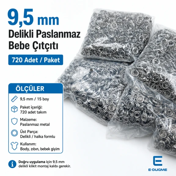 9,5 mm Bebe Çıtçıtı 720 Adet/Paket Delikli Klikıt Çıtçıt Paslanmaz C0013 - Yüksek kaliteli paslanmaz çelikten üretilmiş