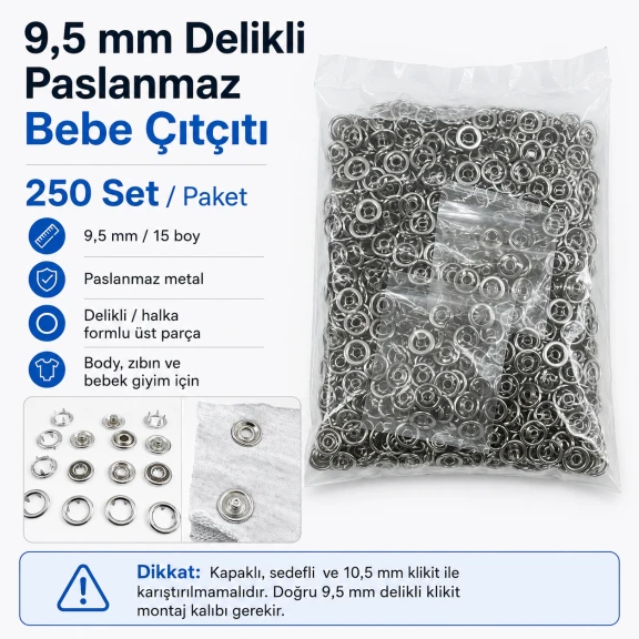Bebe Çıtçıtı 9,5 mm Paslanmaz Delikli Klikıt Çıtçıt, 250 Adet/Paket, bebek giyim ve zıbınlar için ideal