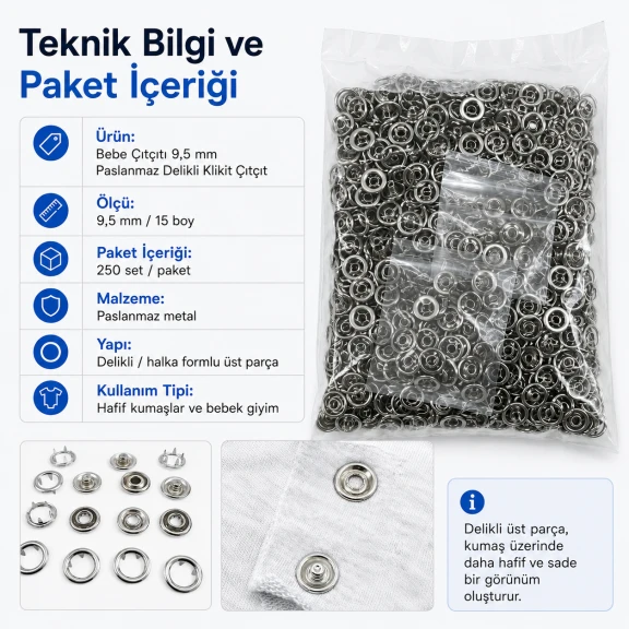 Bebe Çıtçıtı 9,5 mm Paslanmaz Delikli Klikıt Çıtçıt, 250 Adet/Paket, bebek giyim ve zıbınlar için ideal