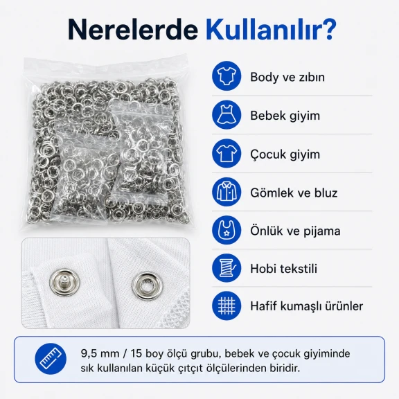 Bebe Çıtçıtı 9,5 mm Paslanmaz Delikli Klikıt Çıtçıt, 250 Adet/Paket, bebek giyim ve zıbınlar için ideal