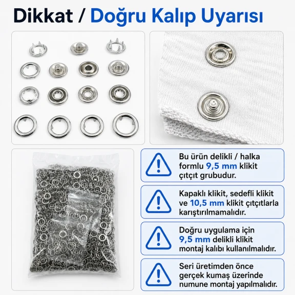 Bebe Çıtçıtı 9,5 mm Paslanmaz Delikli Klikıt Çıtçıt, 250 Adet/Paket, bebek giyim ve zıbınlar için ideal