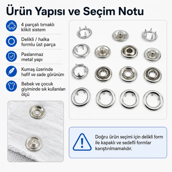 Bebe Çıtçıtı 9,5 mm Paslanmaz Delikli Klikıt Çıtçıt, 250 Adet/Paket, bebek giyim ve zıbınlar için ideal