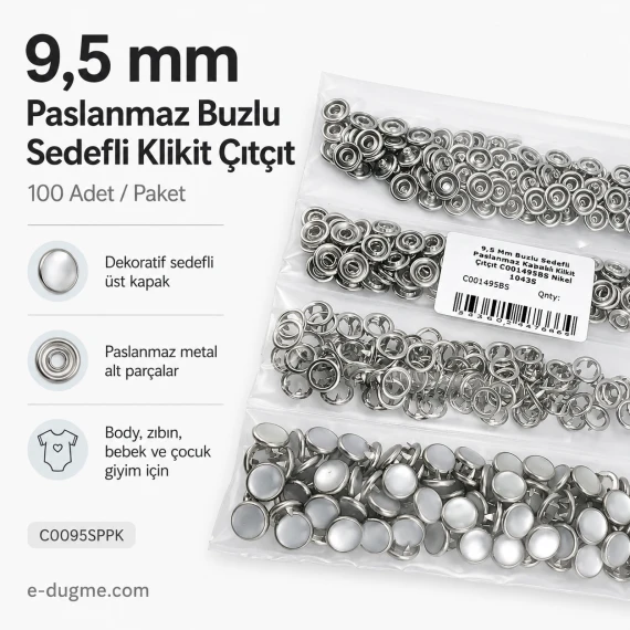 9,5 mm Paslanmaz Buzlu Sedefli Klikıt Çıtçıt 100 Adet/Paket C0095SPPK