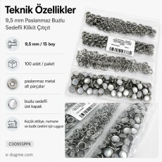 9,5 mm Paslanmaz Buzlu Sedefli Klikıt Çıtçıt 100 Adet/Paket C0095SPPK