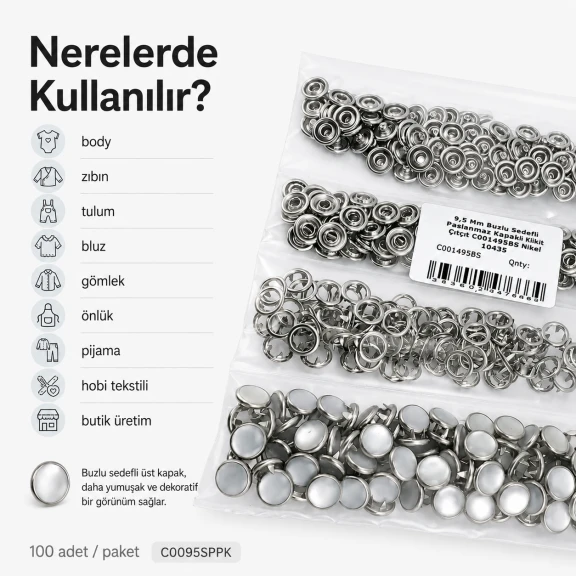 9,5 mm paslanmaz buzlu sedefli klikıt çıtçıt, estetik görünüm ile işlevsel kullanım avantajı sunan tekstil aksesuarı
