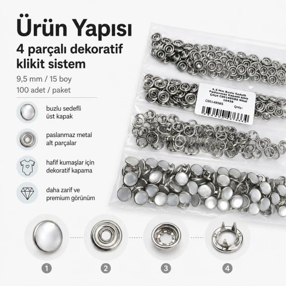 9,5 mm paslanmaz buzlu sedefli klikıt çıtçıt, estetik görünüm ile işlevsel kullanım avantajı sunan tekstil aksesuarı