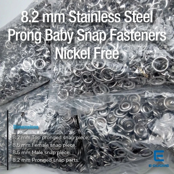 8 mm 0,31" Prong Snap Fasteners - Snap Button For Baby Clothes 1000 Pieces Stainnless Steel ERBCLK0008P