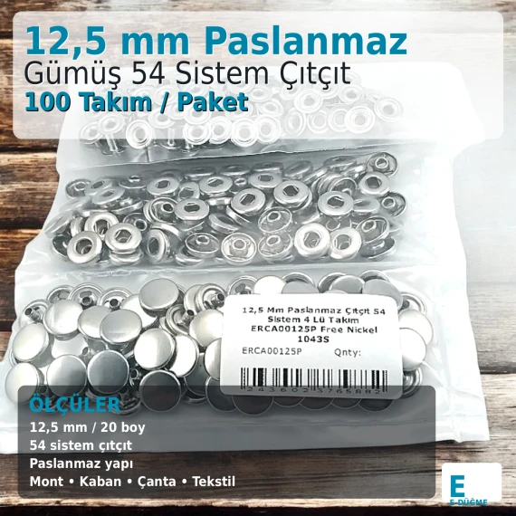 Çıtçıt Düğme 54 Sistem 12,5 mm Hafif Bombeli Paslanmaz Gümüş Çıtçıt 100 Takım ERCA00125P