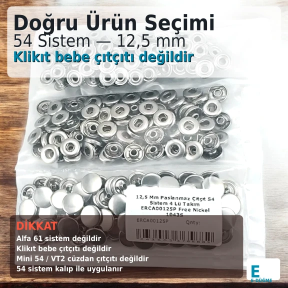 Çıtçıt Düğme 54 Sistem 12,5 mm Hafif Bombeli Paslanmaz Gümüş Çıtçıt 100 Takım
