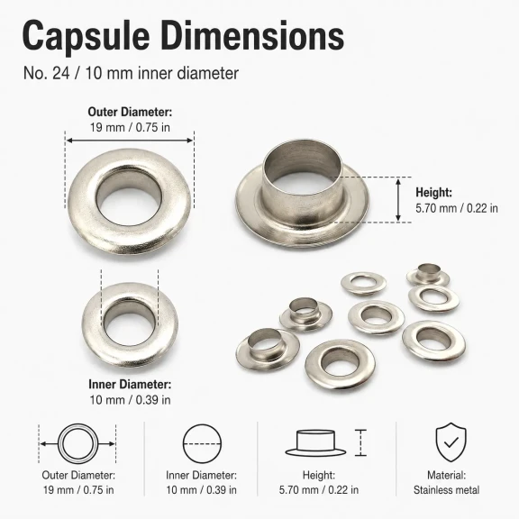 10 mm Inner Diameter Stainless Metal Eyelet Capsule for Textile and Leather Projects, 500 pcs Pack