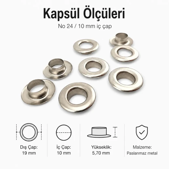 10 mm Inner Diameter Stainless Metal Eyelet Capsule for Textile and Leather Projects, 500 pcs Pack