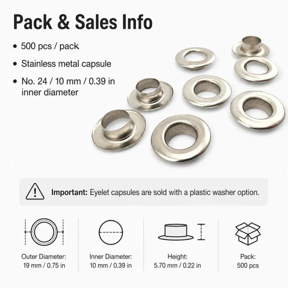 10 mm Inner Diameter Stainless Metal Eyelet Capsule for Textile and Leather Projects, 500 pcs Pack