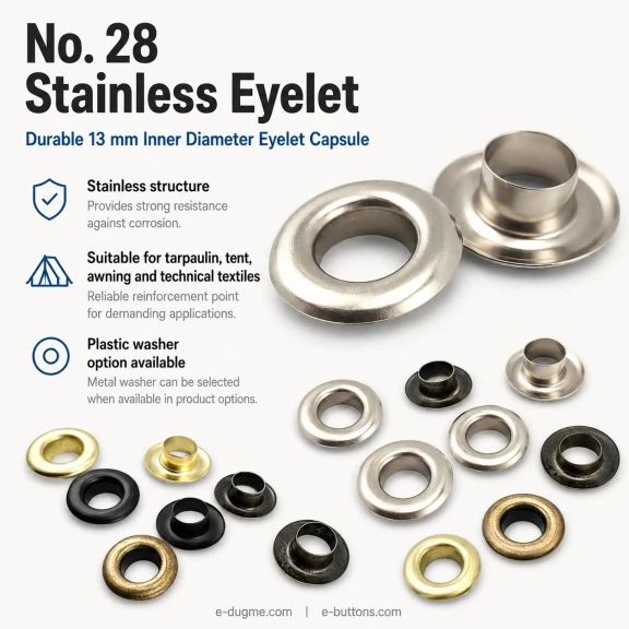 Kuşgözü No 28 Paslanmaz 13 mm ER0028P, çanta ve tekstil projelerinde kullanılmak üzere tasarlanmış, paslanmaz metal