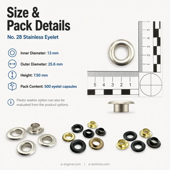Kuşgözü No 28 Paslanmaz 13 mm ER0028P, çanta ve tekstil projelerinde kullanılmak üzere tasarlanmış, paslanmaz metal