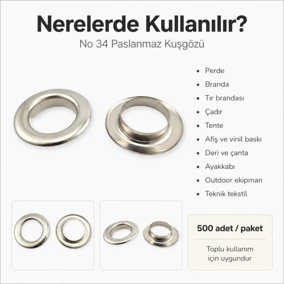 Kuşgözü No 34 Paslanmaz 28 mm ER0034P, yüksek kaliteli metal kuşgözü, tekstil, deri, çanta ve ayakkabı projeleri için ideal