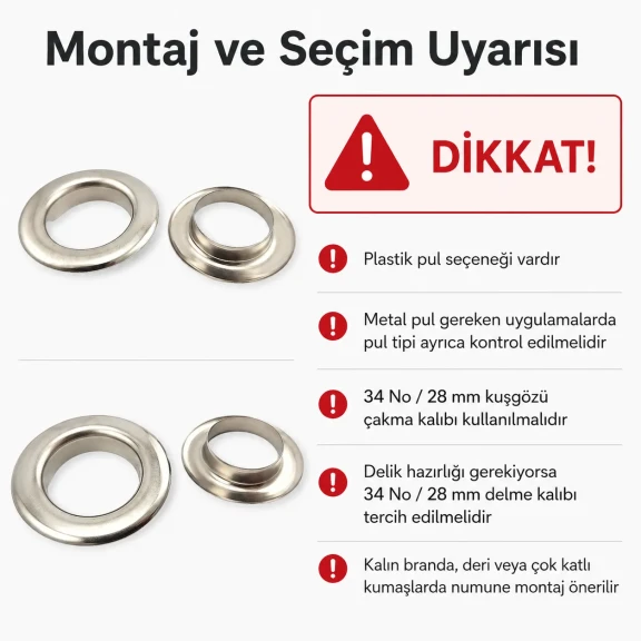 Kuşgözü No 34 Paslanmaz 28 mm ER0034P, yüksek kaliteli metal kuşgözü, tekstil, deri, çanta ve ayakkabı projeleri için ideal