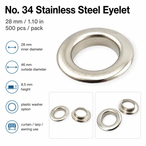 Kuşgözü No 34 Paslanmaz 28 mm ER0034P, yüksek kaliteli metal kuşgözü, tekstil, deri, çanta ve ayakkabı projeleri için ideal