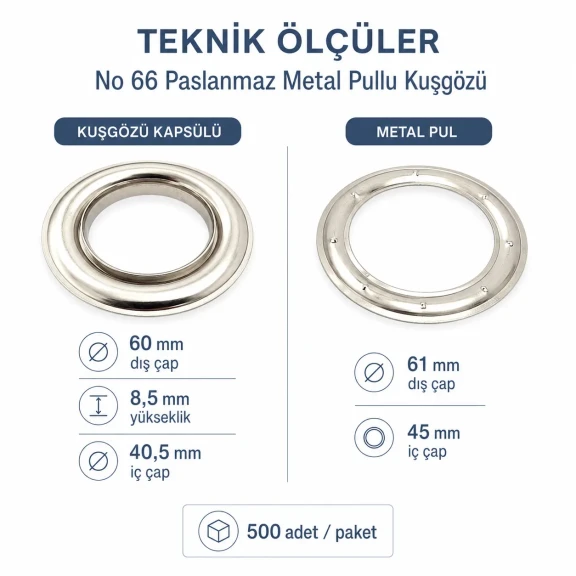 Kuşgözü No 66 40,3 mm Paslanmaz Perde ve Branda Kuşgözü ER0066P, dayanıklı ve estetik yapısıyla çanta, ayakkabı ve tekstil