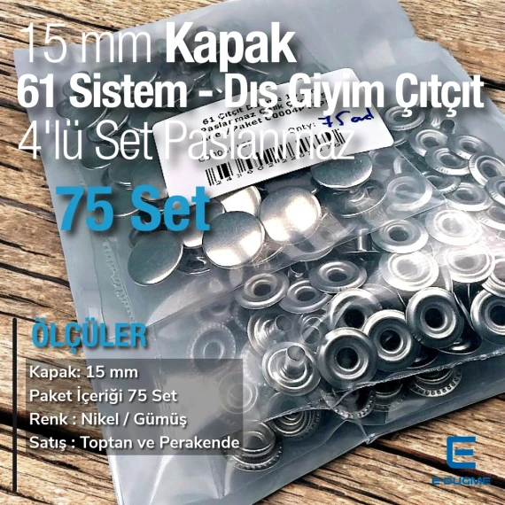 61 Çıtçıt Düğme 15 mm Paslanmaz Çelik Çıtçıt 75 Adet/Paket C0004P15PK