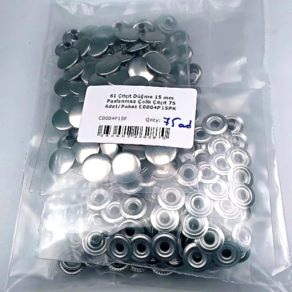 61 Çıtçıt Düğme 15 mm Paslanmaz Çelik Çıtçıt 75 Adet/Paket C0004P15PK