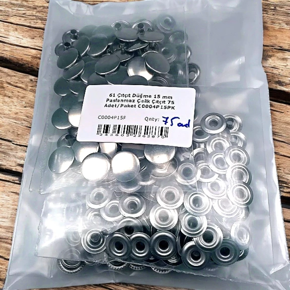 61 Çıtçıt Düğme 15 mm Paslanmaz Çelik Çıtçıt 75 Adet/Paket C0004P15PK