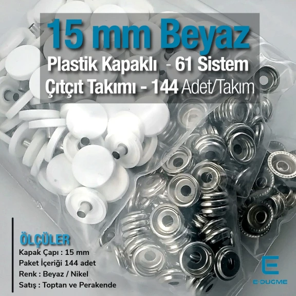 61 Çıtçıt Düğme 15 mm Saç 3 Alt Parça Çıtçıt 144 Adet/Paket C0004PL15PK