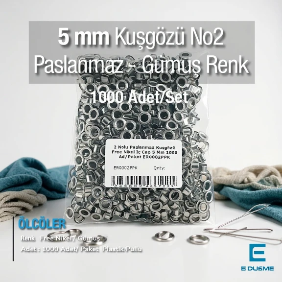 2 Nolu Paslanmaz Kuşgözü İç Çap 5 mm 1000 Ad/Paket ER0002PPK