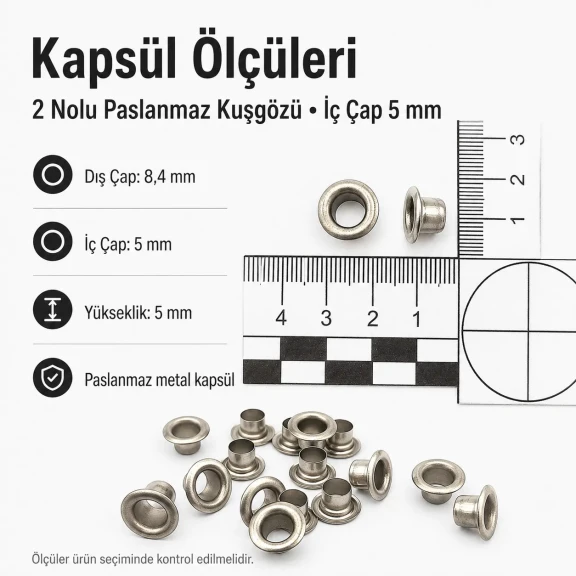 2 Nolu Paslanmaz Kuşgözü Gümüş Renk İç Çap 5 mm 1000 Adet/Paket ER0002PPK - Tekstil, çanta ve ayakkabı projeleri için ideal