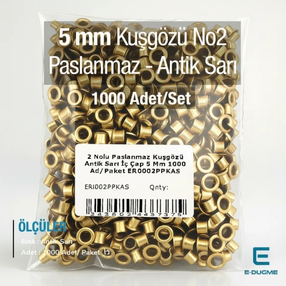 2 Nolu Paslanmaz Kuşgözü Antik Sarı İç Çap 5 mm 1000 Ad/Paket ER0002PPKAS